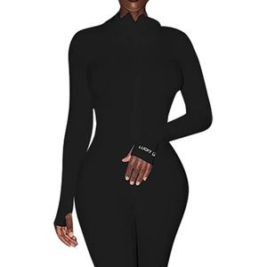 One Piece Bodycon Jumpsuit -Sexy Long Sleeve High Waist Embroidery Zipper Romped
